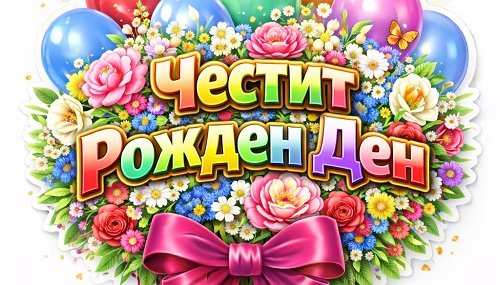 gif поздравител за цветя, торта, балон и рожден ден