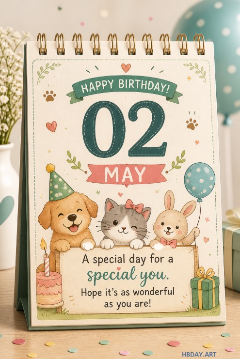 May 2 cute animals birthday calendar card